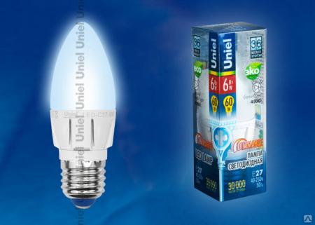 Лампа светодиодная диммир. LED-C37-6W/NW/E27/FR/DIM ALP01WH, свеча, матовая, белый